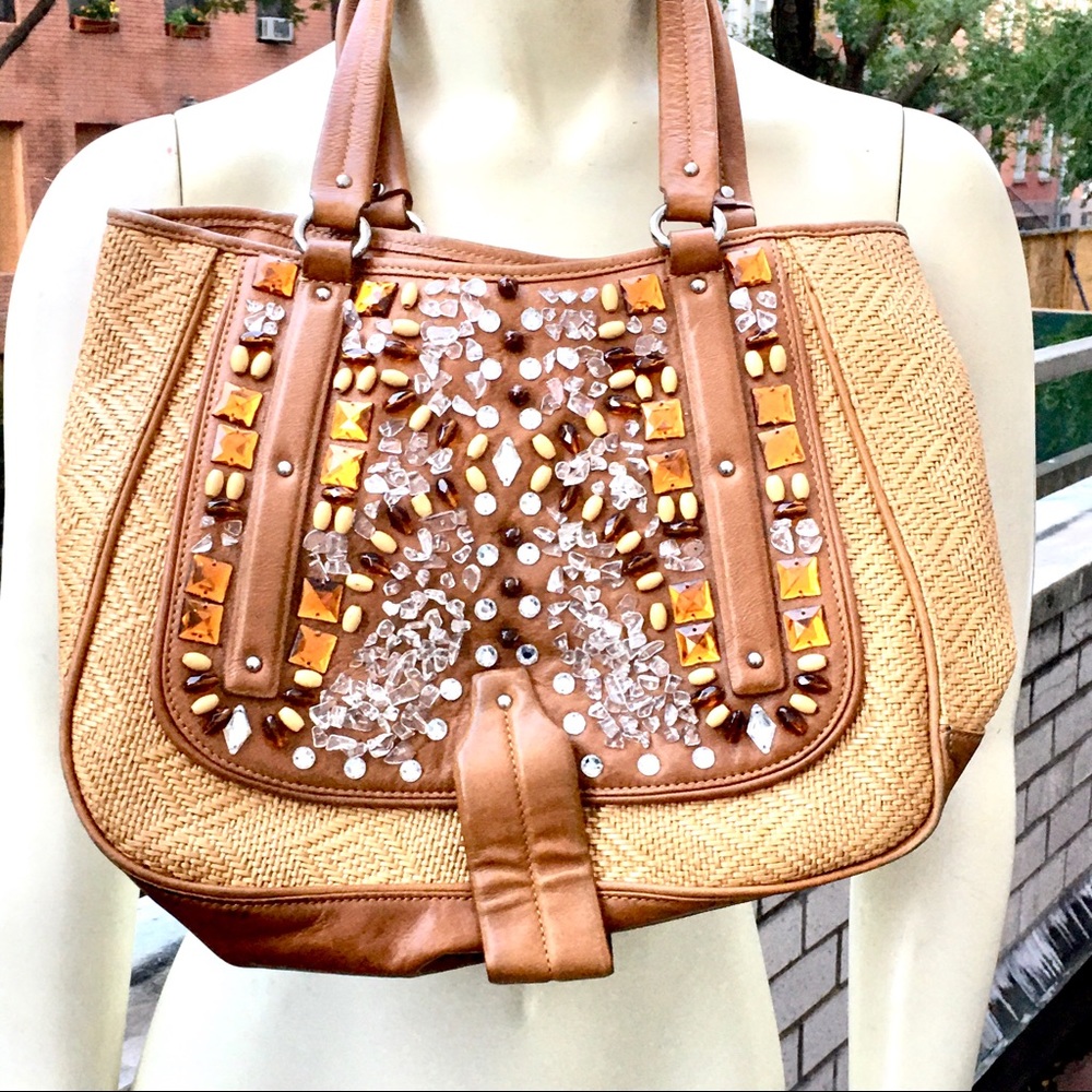 Cole Haan Straw Leather Crystal Stone Tote  Bag